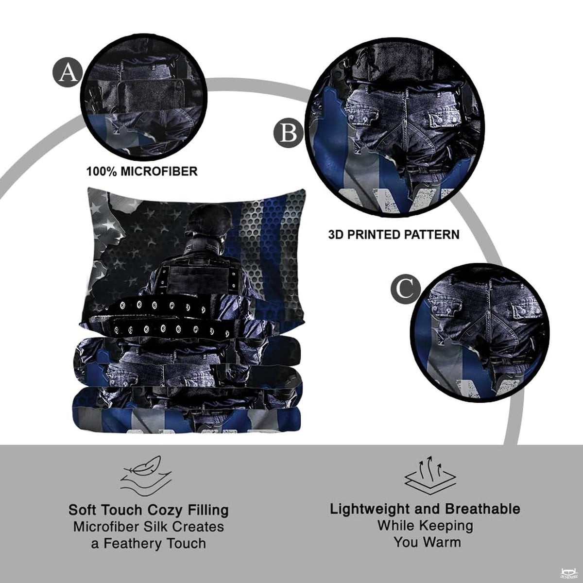 Detail collage of tactical figure and industrial flag artwork with close-up pattern views