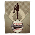 Baseball pitcher diamond mound throw blanket featuring pitcher silhouette in windup over checkered diamond