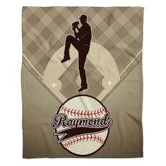 Baseball pitcher diamond mound throw blanket featuring pitcher silhouette in windup over checkered diamond