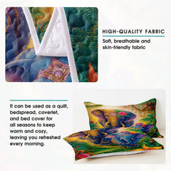 Modern master bedroom styling of elephant patchwork bedding set displayed neatly on a bed frame with eclectic decor.