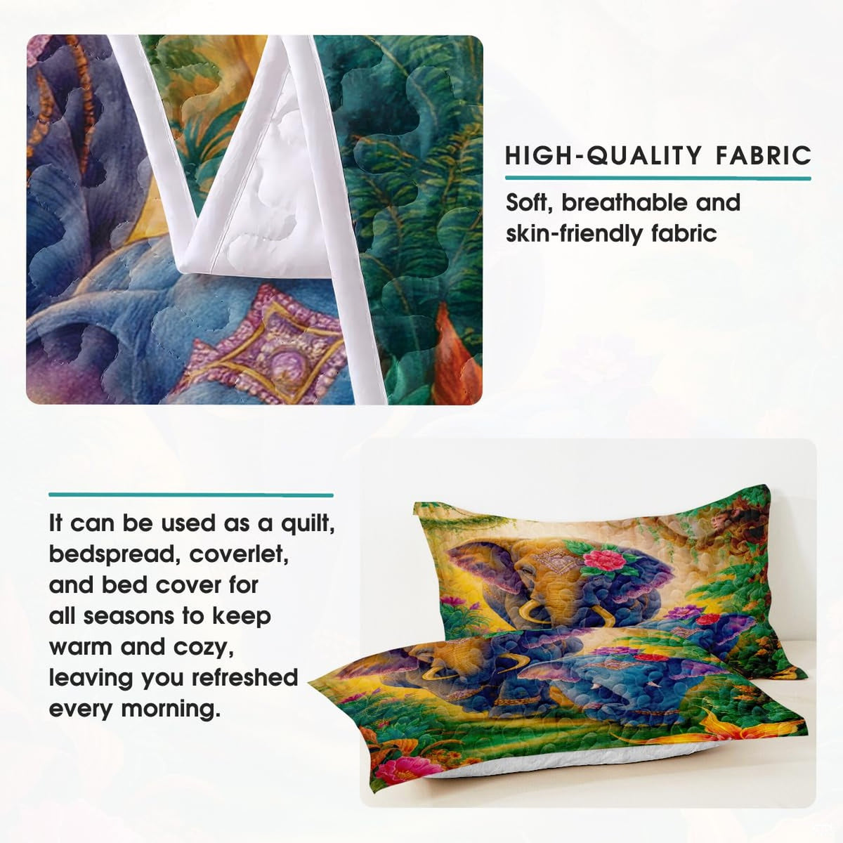 Modern master bedroom styling of elephant patchwork bedding set displayed neatly on a bed frame with eclectic decor.