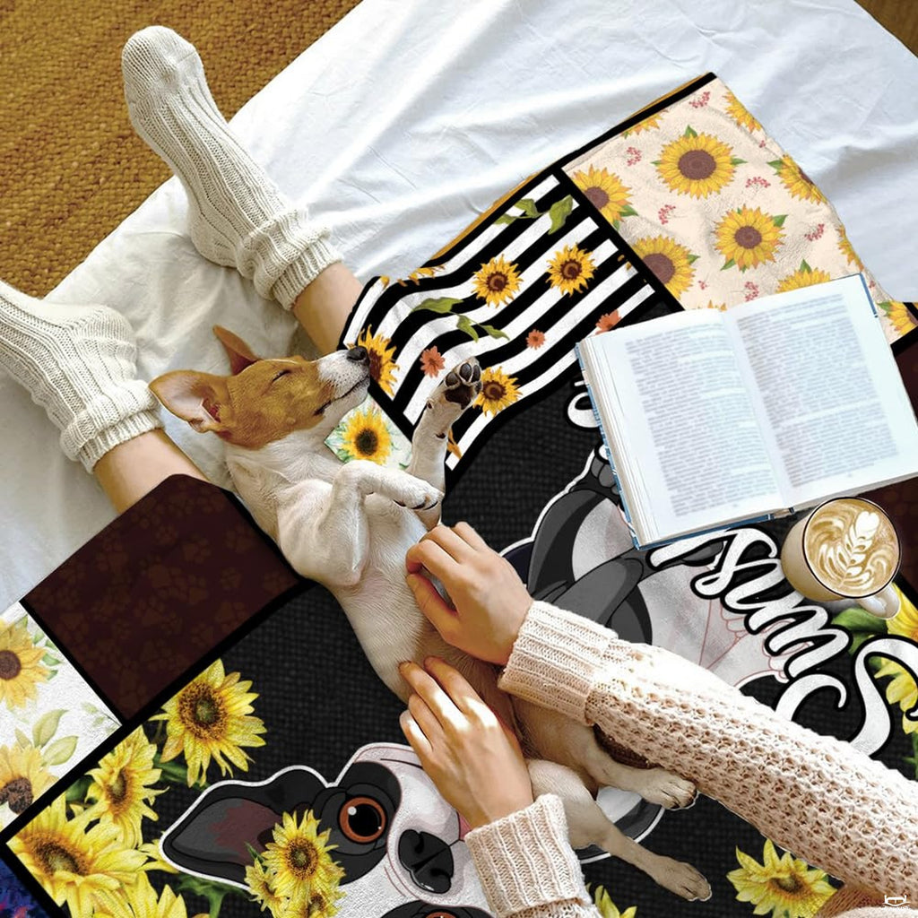 Artistic dog and sunflower motif blending thematic accent earth tones with playful pup illustrations.