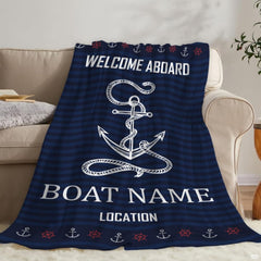 Navy nautical anchor throw blanket view 2 highlighting rope anchor, mini helm border, and wave patterns