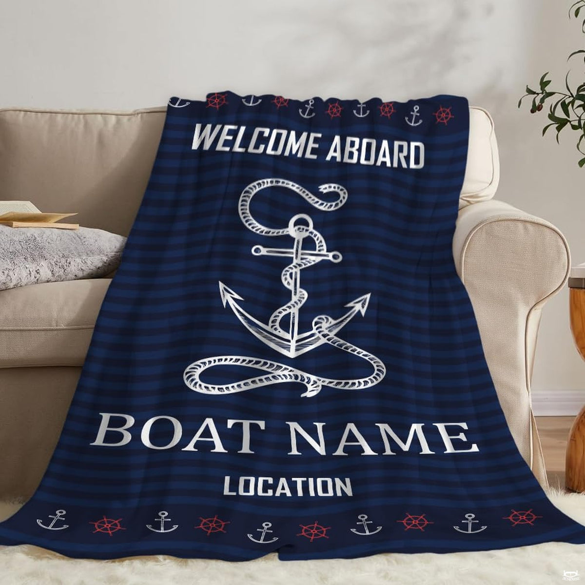 Navy nautical anchor throw blanket view 2 highlighting rope anchor, mini helm border, and wave patterns