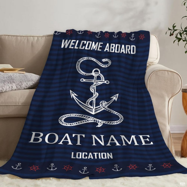 Navy nautical anchor throw blanket view 2 highlighting rope anchor, mini helm border, and wave patterns
