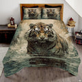 Tiger standing in shallow water in muted green and beige