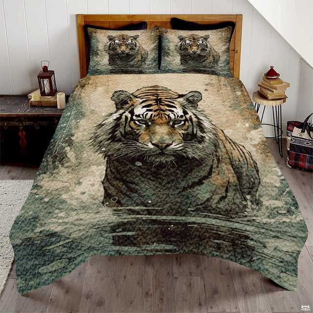 Tiger standing in shallow water in muted green and beige