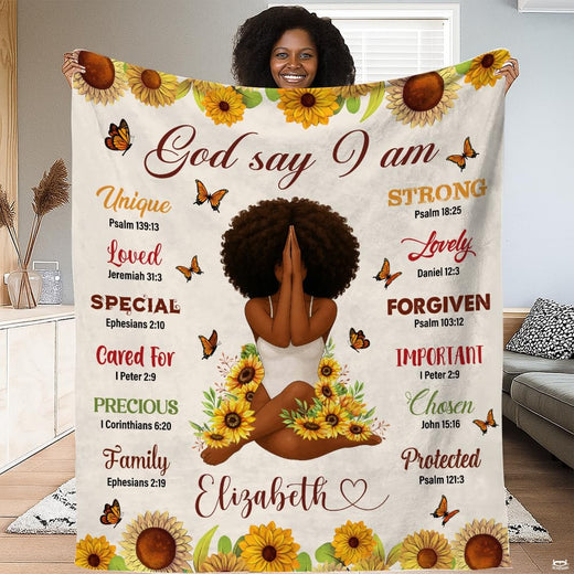 Christian God Says I Am sunflower prayer throw blanket with blooming sunflowers and biblical affirmations