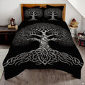 Monochrome Celtic Tree of Life bedding displaying silver-white branching tree and knotwork roots on black bed