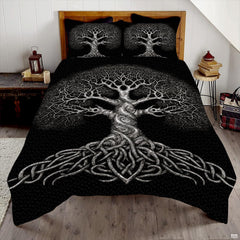 Monochrome Celtic Tree of Life bedding displaying silver-white branching tree and knotwork roots on black bed