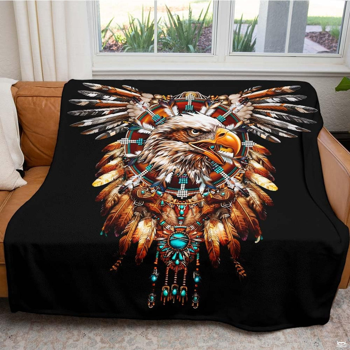 Tribal bald eagle feather medallion throw blanket view 5 highlighting plumage artwork and cabin room styling