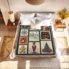 Detailed view of nutcracker and gingerbread postage stamps on throw blanket