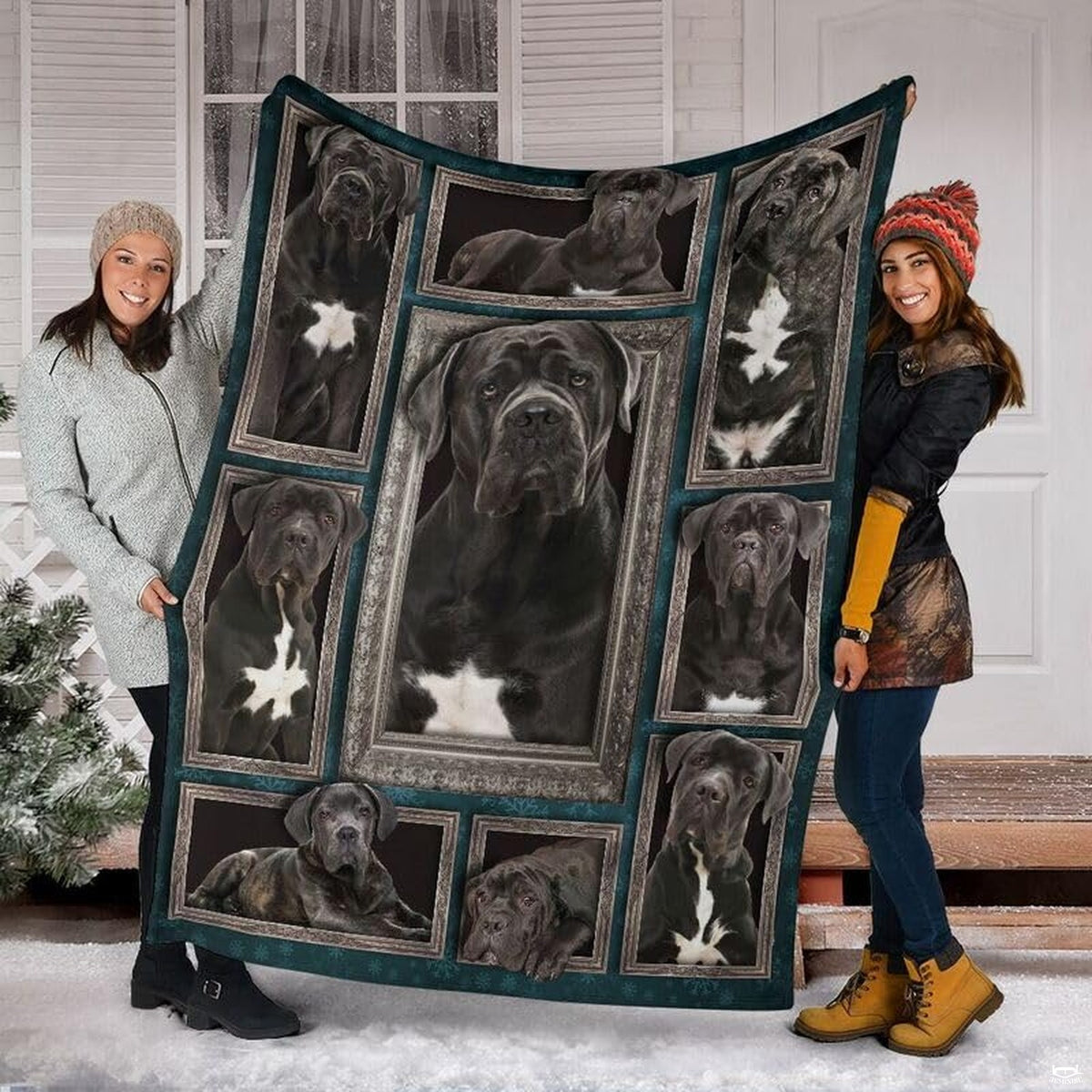 Living room sofa styled with regal dog portrait collage in ornate vintage frames.