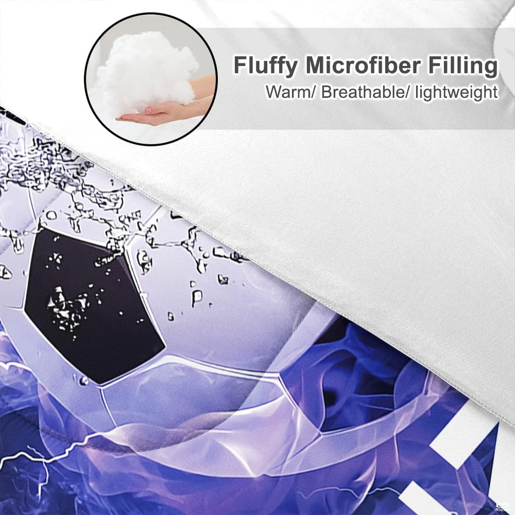 Folded corner presentation of blue electric soccer bedding highlighting crisp graphic printing