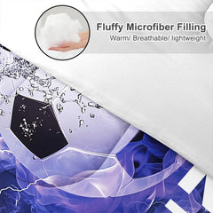 Folded corner presentation of blue electric soccer bedding highlighting crisp graphic printing