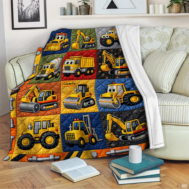 Dump truck bedding featuring expressive machinery graphics against navy blue and green color-blocked panels.