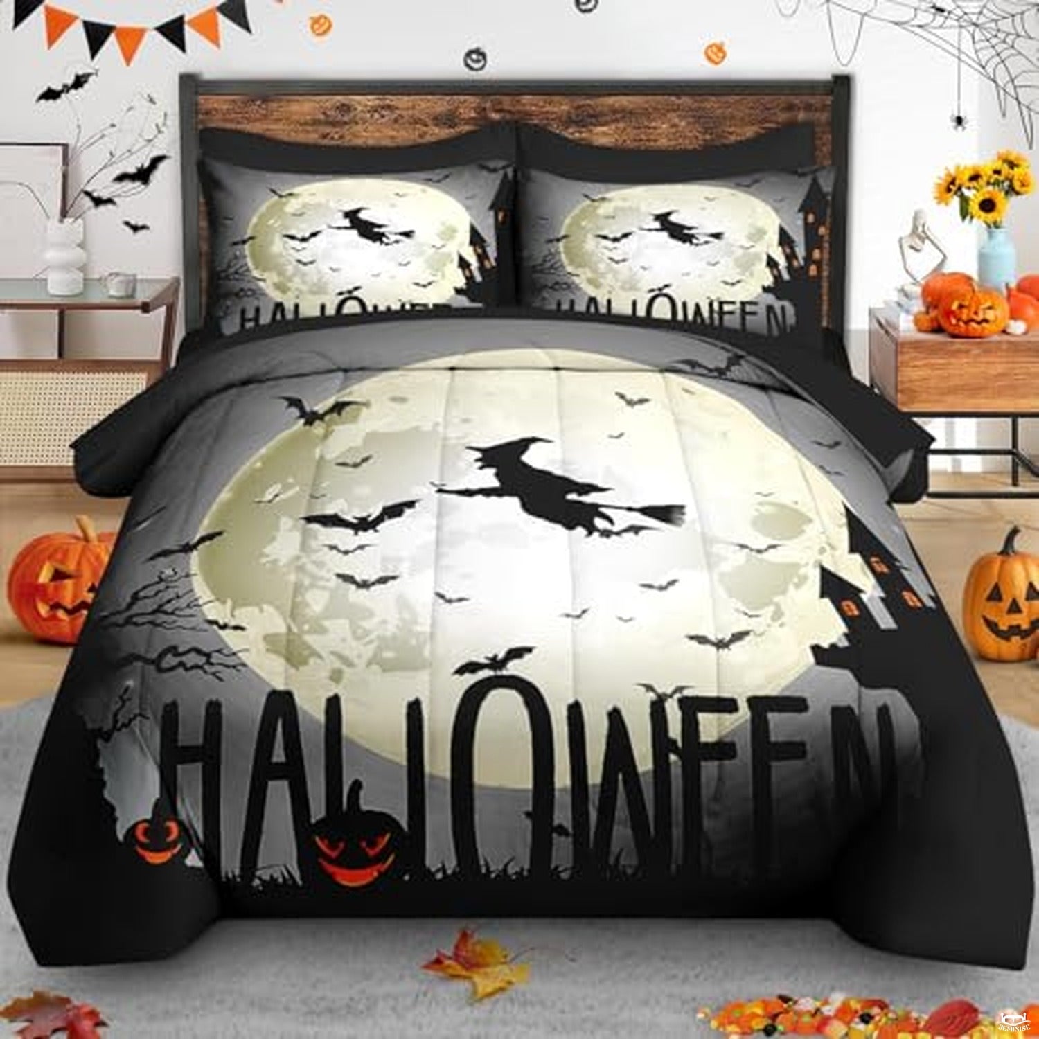 Pamnest Twin Halloween Comforter Set with Sheets, 5 Pieces Scary Bedding