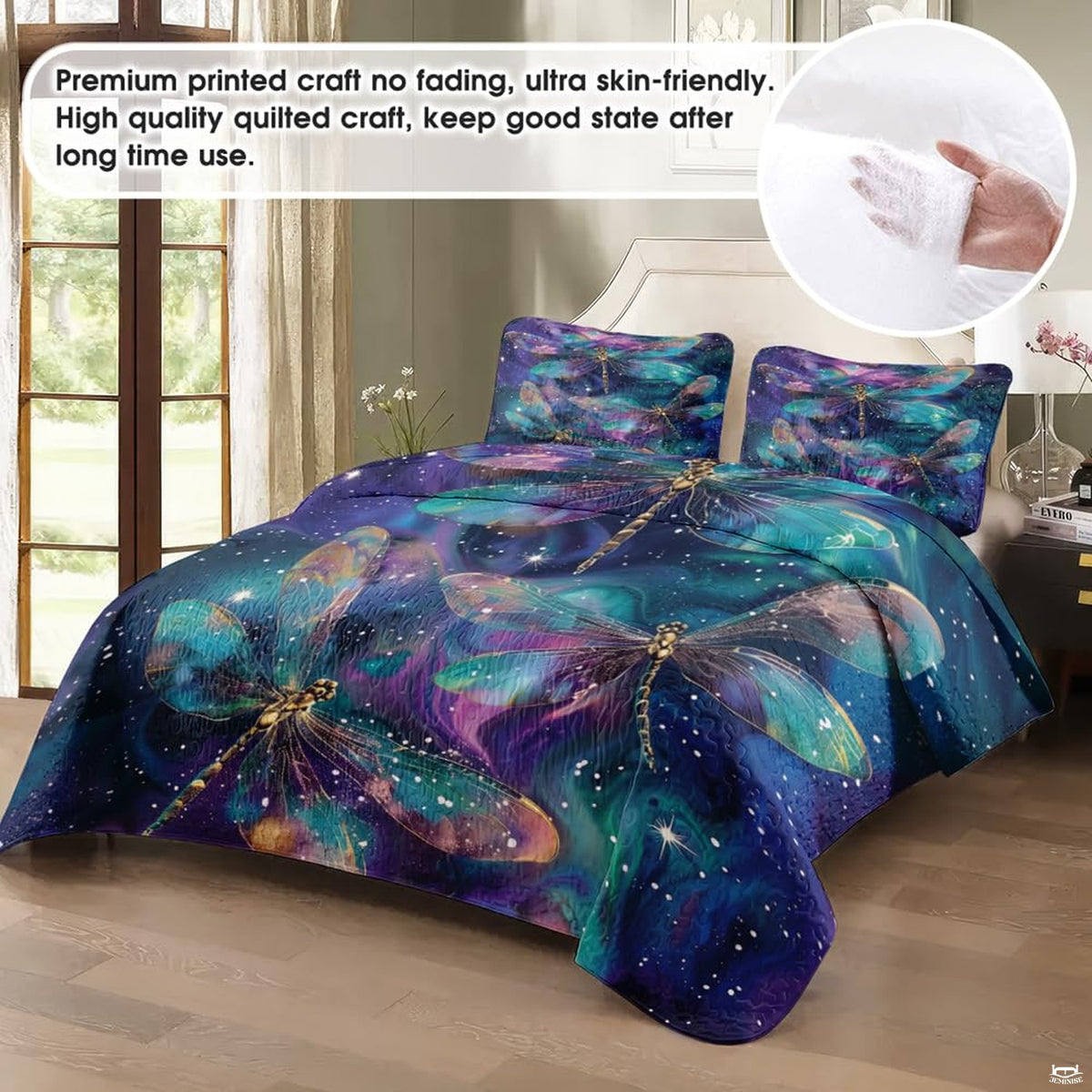 Purple and teal dragonfly bedding in a softly lit bedroom
