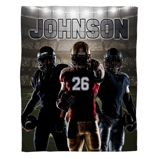 Football trio arena throw blanket view 2 highlighting gridiron players, green field turf, and stadium lights