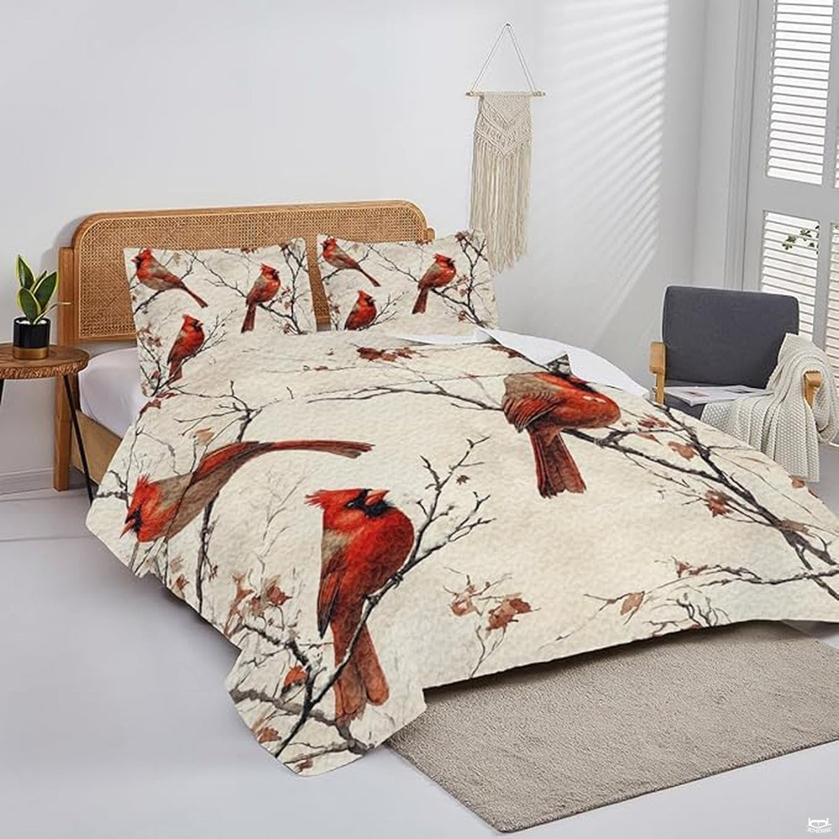 Matching pillowcase detail for cardinal bedding set showing coordinating scarlet bird and birch branch print