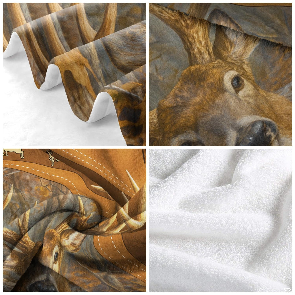 Full flat lay of the whitetail buck autumn forest wildlife blanket.