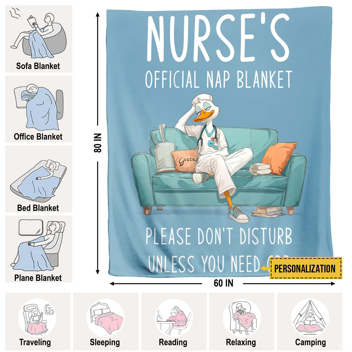 Folded resting nurse duck cartoon throw blanket resting on wooden table displaying teal sofa art