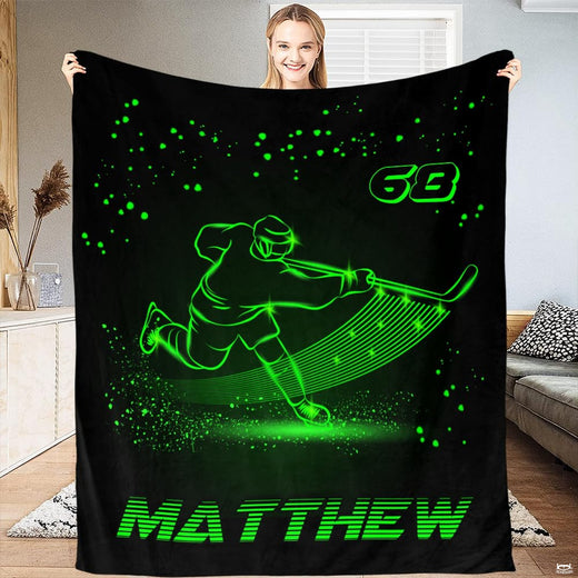Vibrant neon green ice hockey bedding set displayed in an athletic-themed modern bedroom.