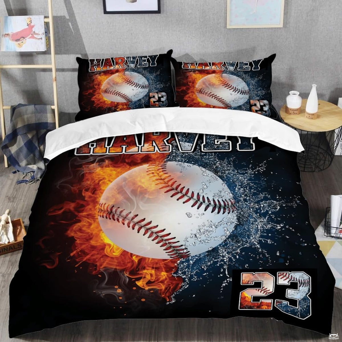 Dynamic fire and water splash baseball elements bedding set graphic styled in a modern bedroom decor thematic accent.