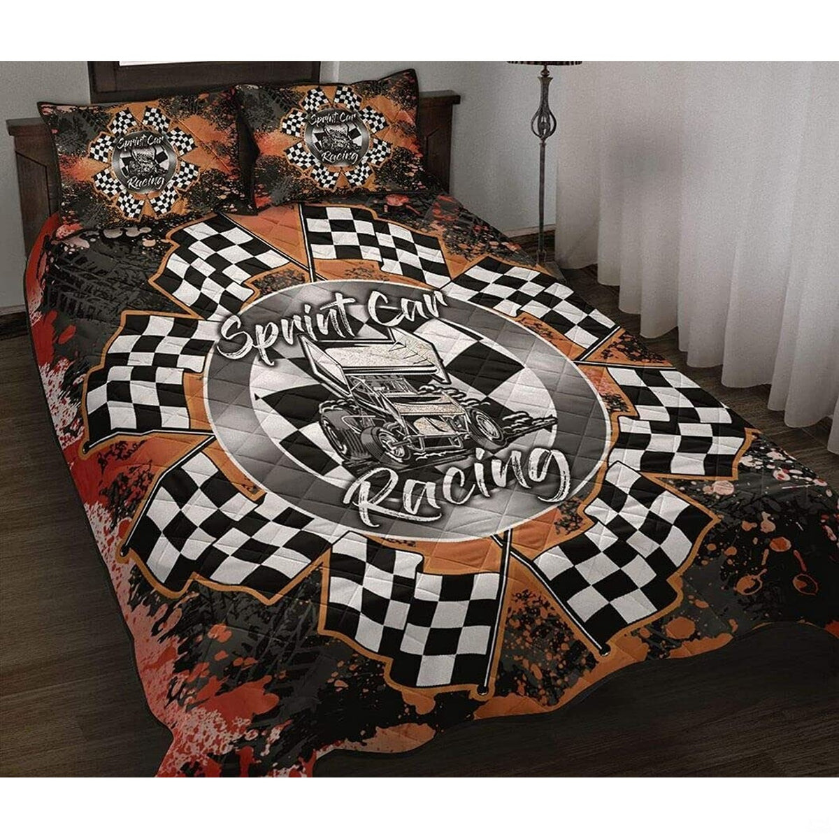 Dirt track sprint car racing checkered flag bedding set displayed neatly on a bed in a boys racing bedroom