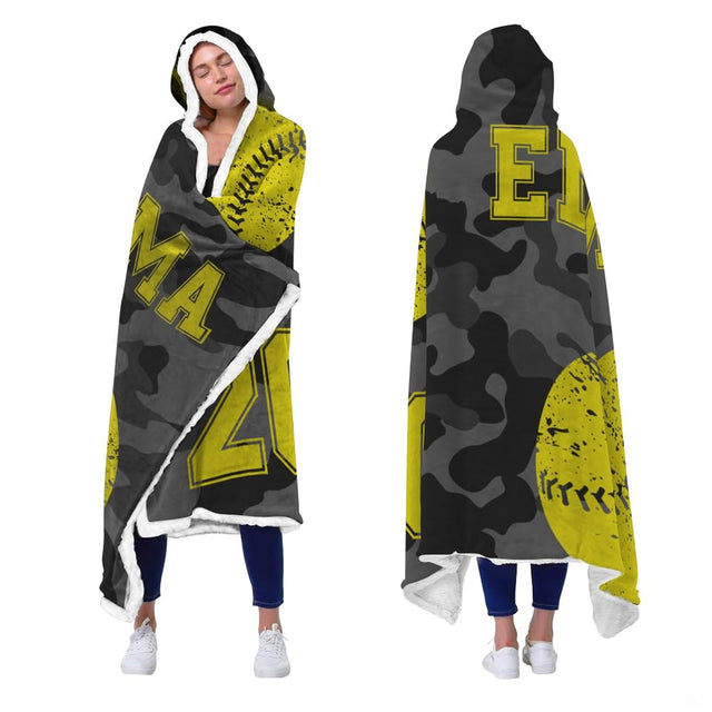 Front and back view of model wearing the yellow softball camouflage hooded blanket.