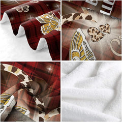 Four panel detail view showing golden butterfly print on red plaid
