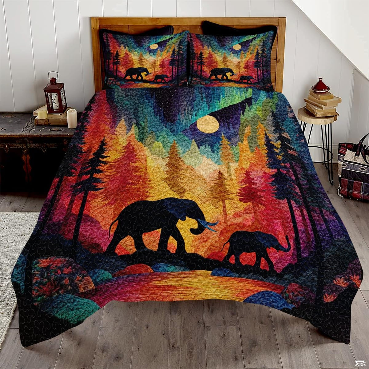 Golden amber and crimson elephant bedding set showing an ornate mandala elephant among vibrant patchwork tiles.