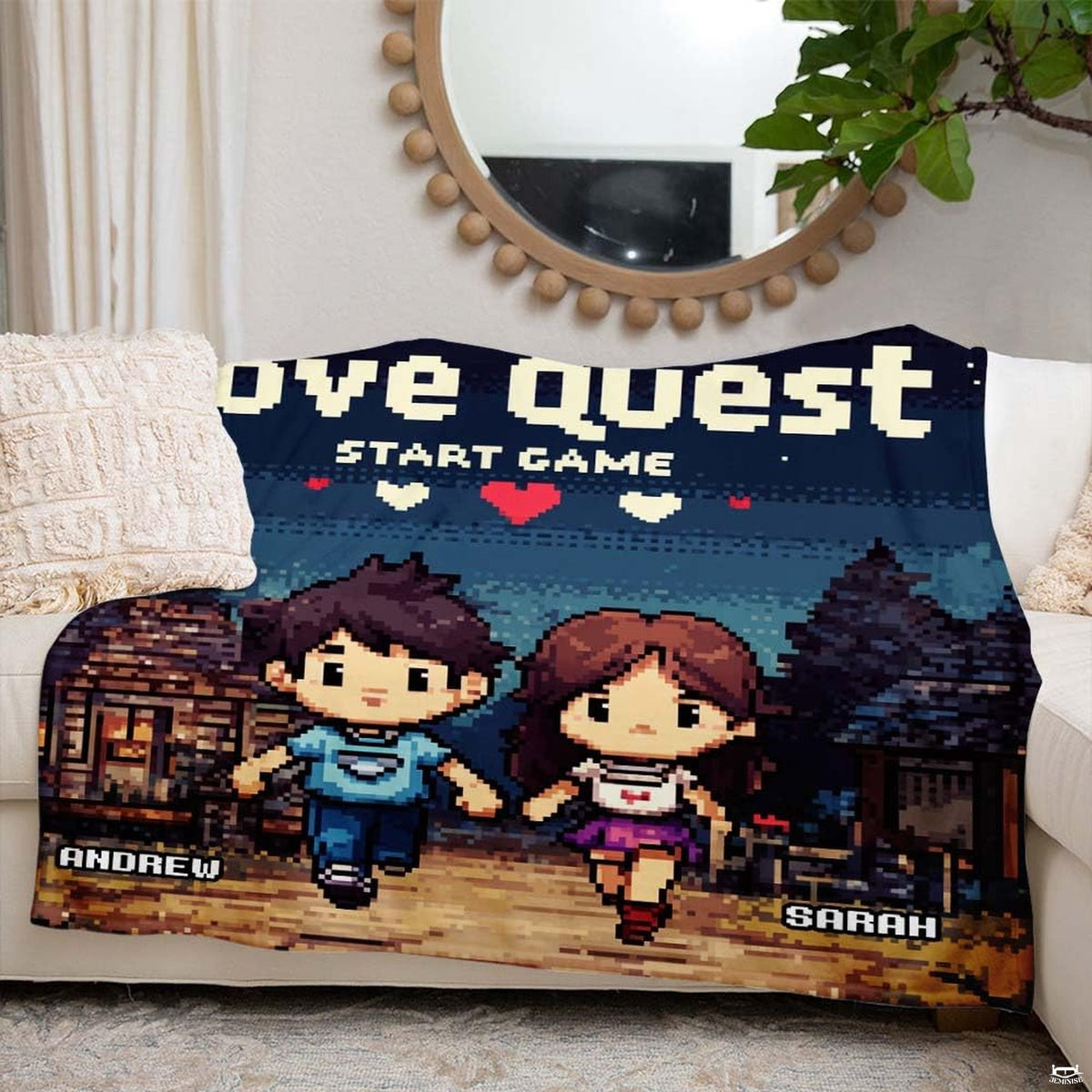 8-bit pixel art couple in RPG village with pixel hearts and retro typography, view 4.