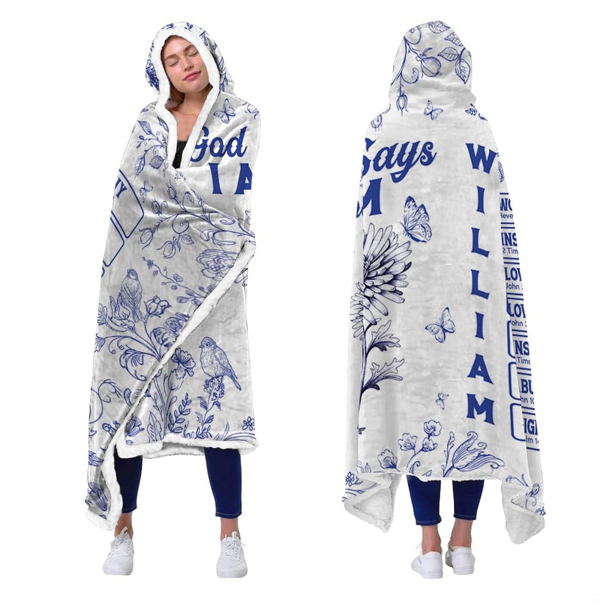 Blue and white botanical toile scripture blanket draped in a peaceful home bedroom