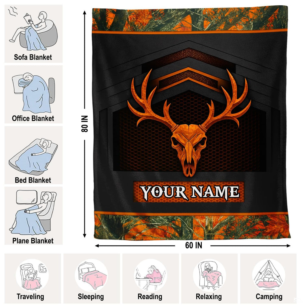 Detailed view of autumn camo foliage pattern, orange border stripe, and finished edges.