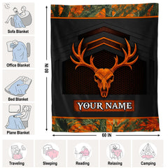 Detailed view of autumn camo foliage pattern, orange border stripe, and finished edges.