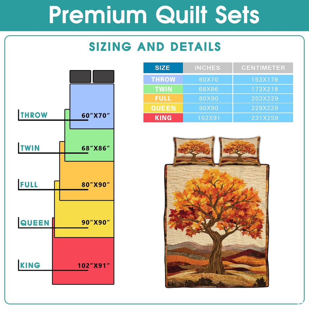 High-angle perspective of fall tree bedding set showcasing balanced tree silhouette and foliage motifs across the bed.