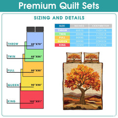 High-angle perspective of fall tree bedding set showcasing balanced tree silhouette and foliage motifs across the bed.