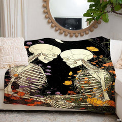 Intertwined skeleton lovers surrounded by wildflowers under crescent moon, view 6.