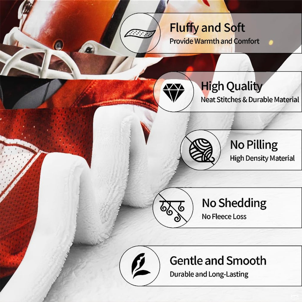 Infographic detailing plush fleece fabric softness, tight stitching, and durable quality construction.