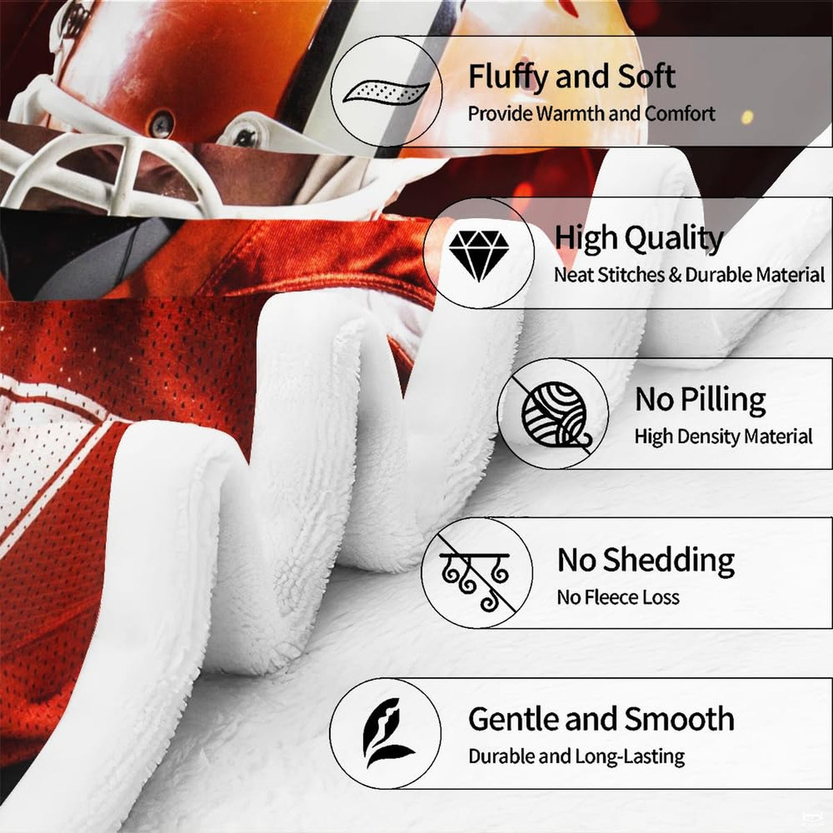 Infographic detailing plush fleece fabric softness, tight stitching, and durable quality construction.
