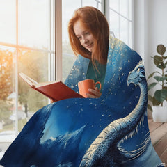 Detailed perspective of glowing golden celestial stars and frosty dragon wings in deep midnight indigo.