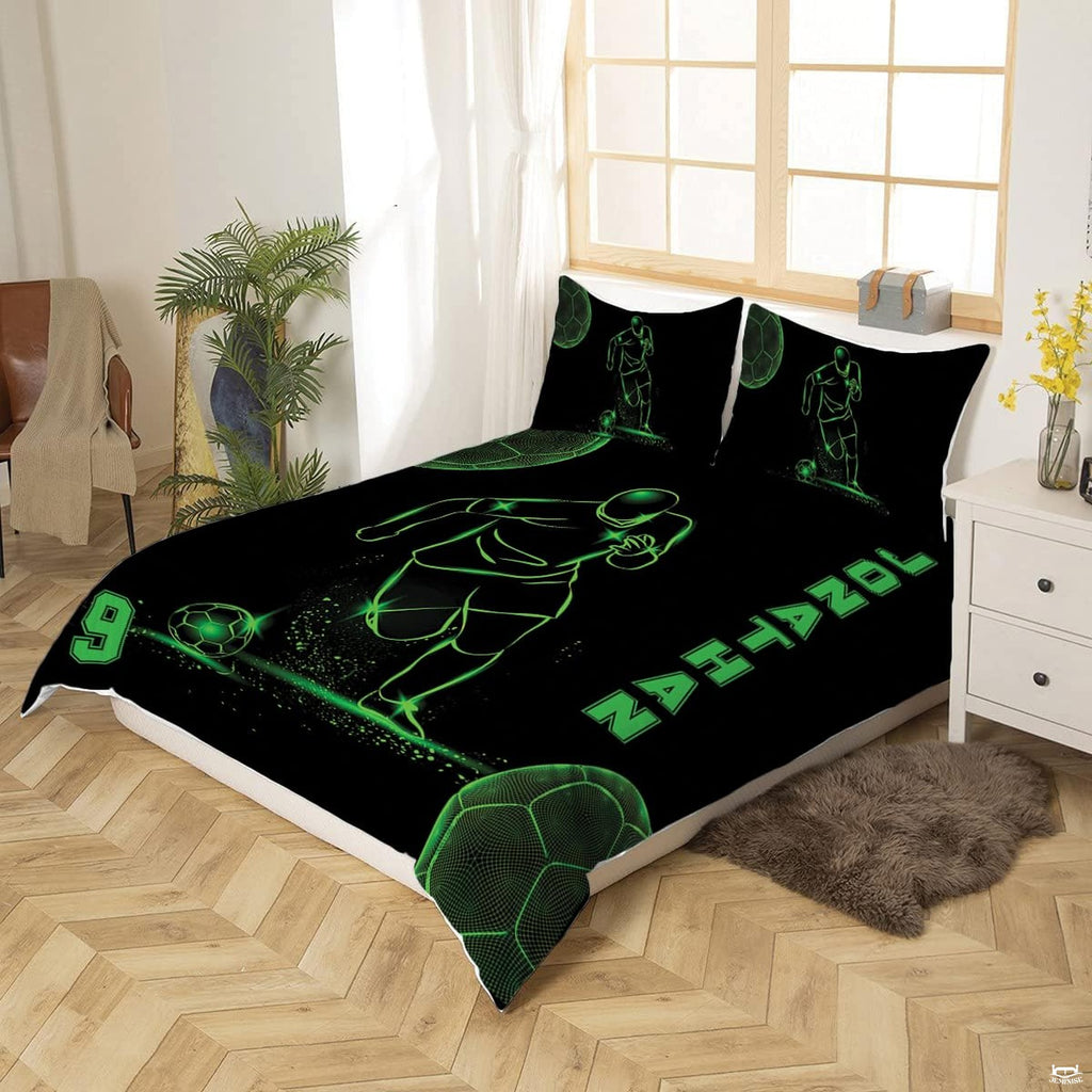 Side perspective of athletic soccer bedding creating an energetic varsity atmosphere in a modern bedroom