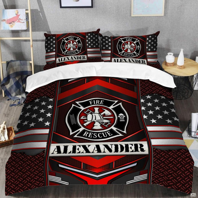 Geometric first responder artwork in red, black, white, and gray with stars and chevrons