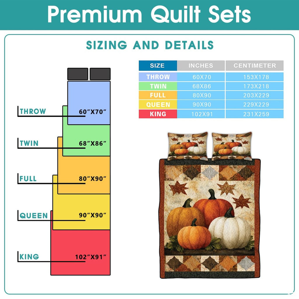 High-angle perspective of pumpkin patchwork bedding set showcasing balanced geometric tiles and harvest motifs across bed.