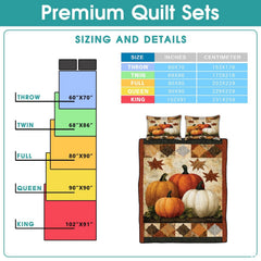High-angle perspective of pumpkin patchwork bedding set showcasing balanced geometric tiles and harvest motifs across bed.