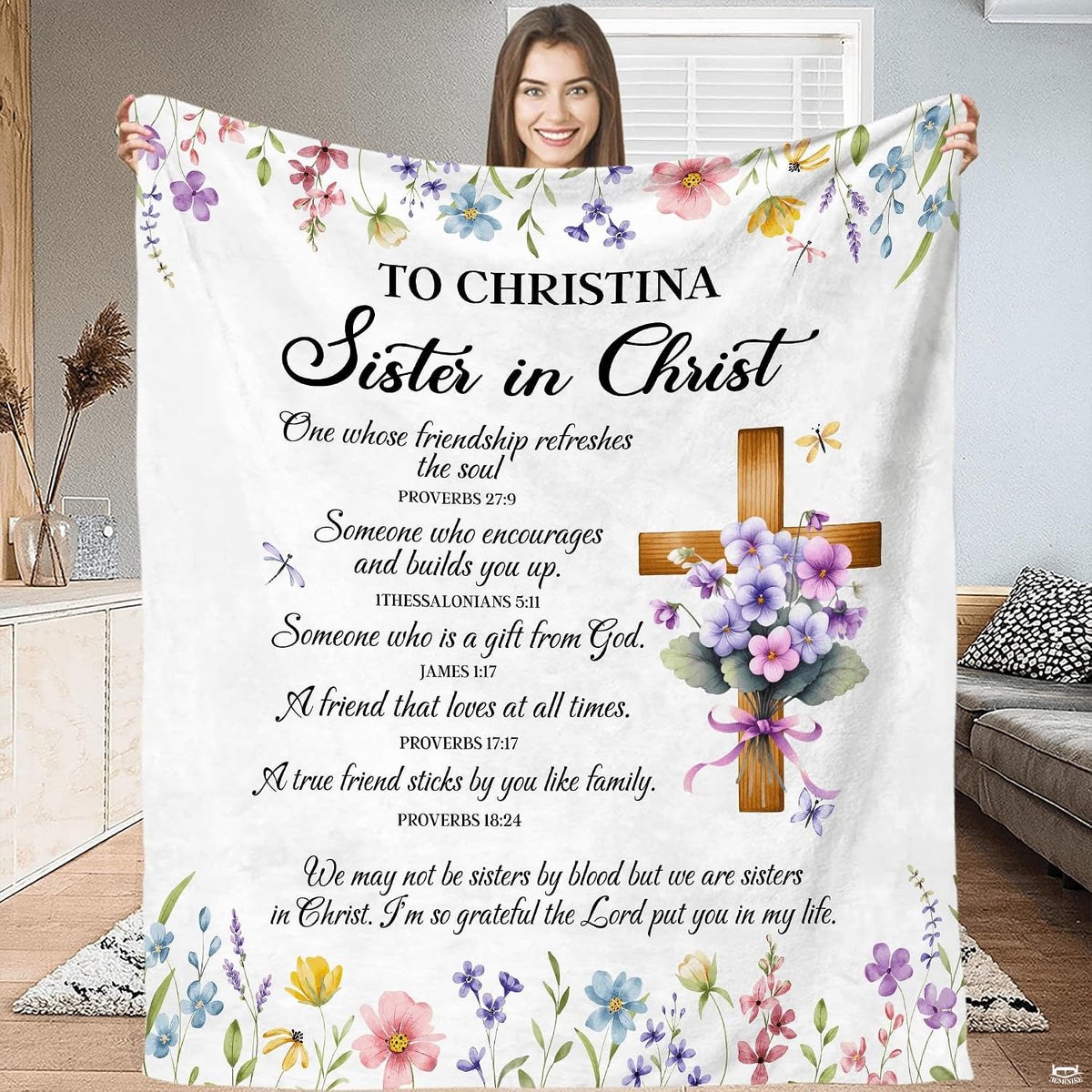 Botanical garden bedding set display featuring rustic wooden cross with violet blooms and pastel floral borders.