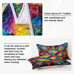 Pillow display featuring hummingbird and bright mosaic artwork