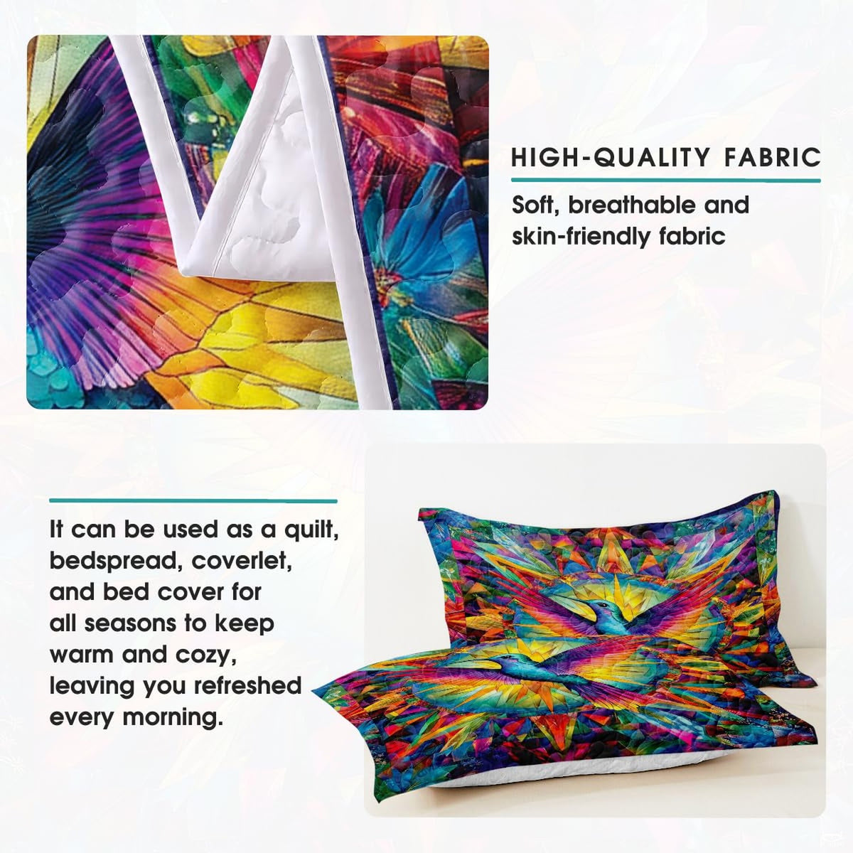 Pillow display featuring hummingbird and bright mosaic artwork