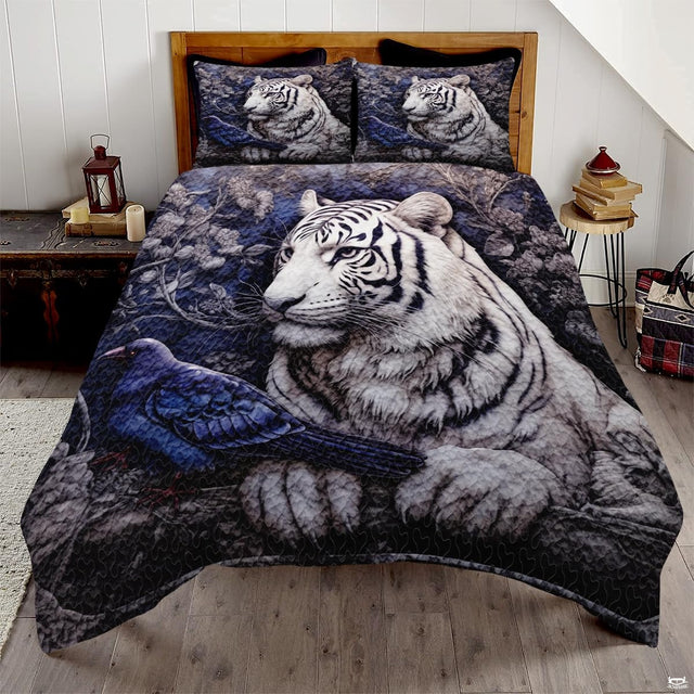 White tiger and dark bird among shadowy violet flowers